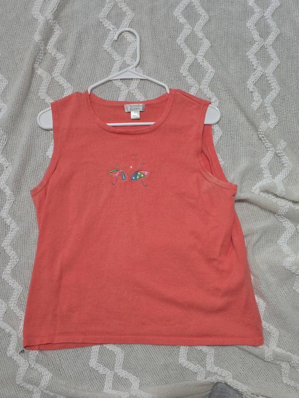 Christopher & Banks Coral Sleeveless Tank with Umbrella Embroidery